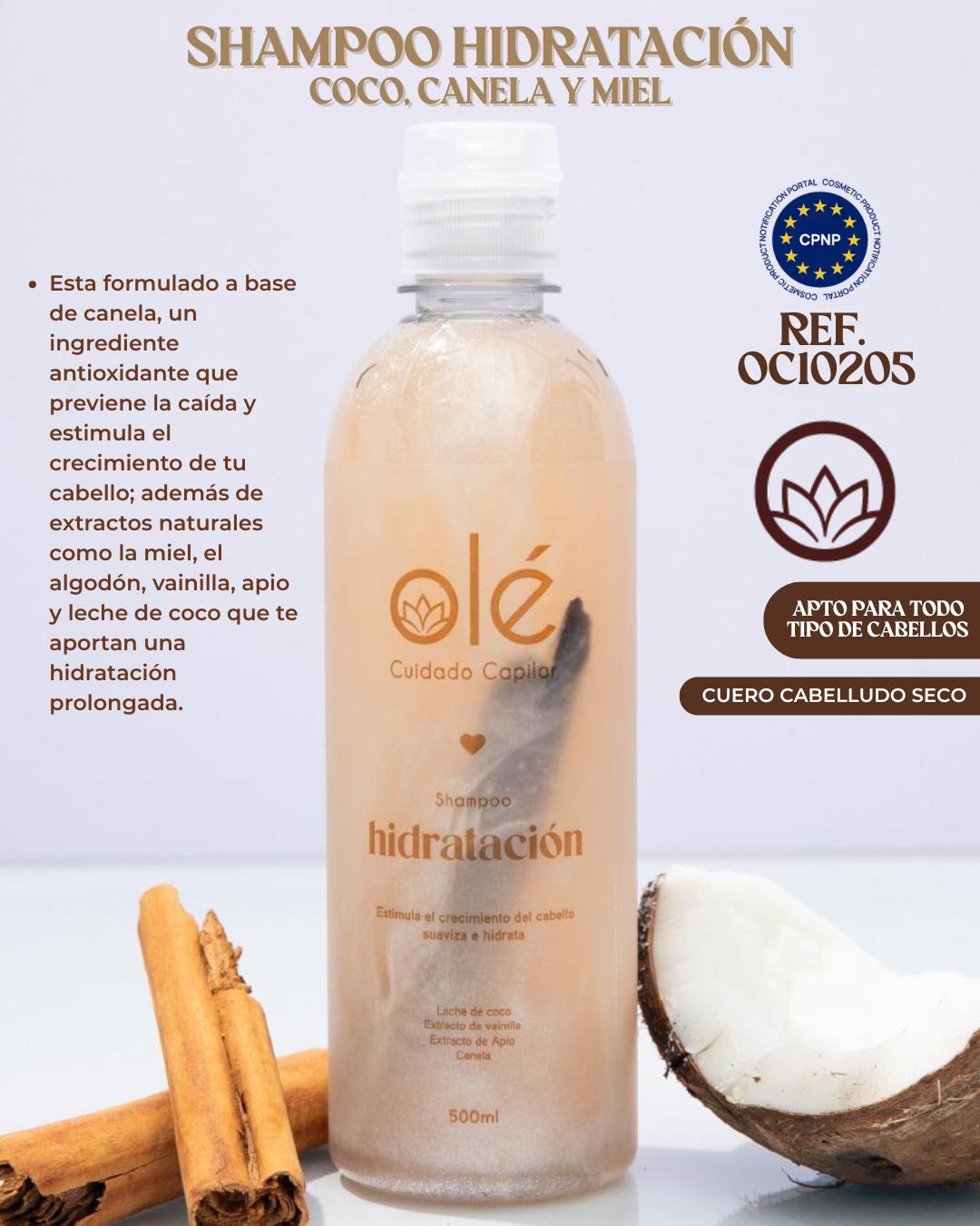 Shampoo hidratación coco, canela y miel